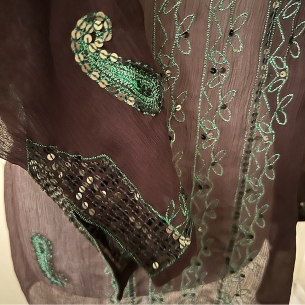 Chicos sheer tunic top brown green embroidery sequins XS NWT - Picture 4 of 8